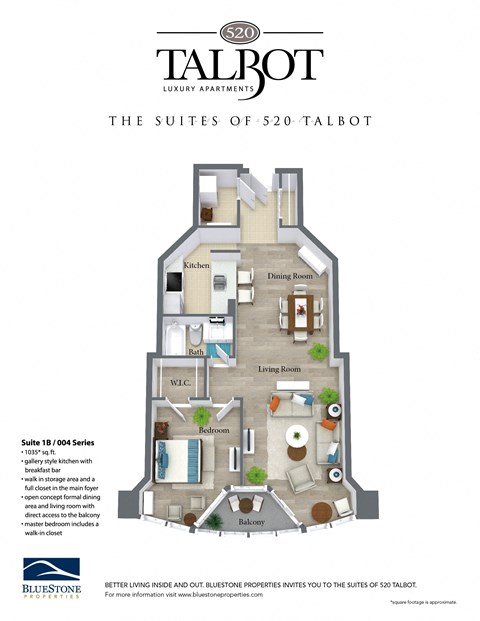 Floor plan for 1 bed, 1 bath, 1035 sqft